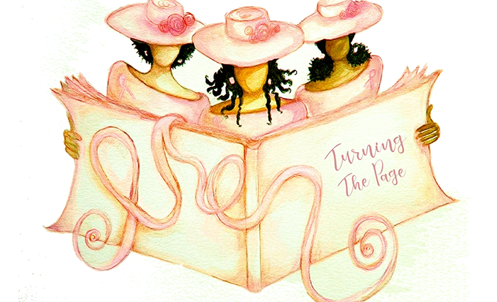 Illustration of three well dressed Black women holding a large book that says 'Turning The Page' on the cover
