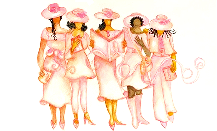 Illustration of five Black women holding a book, wearing dressy clothing
