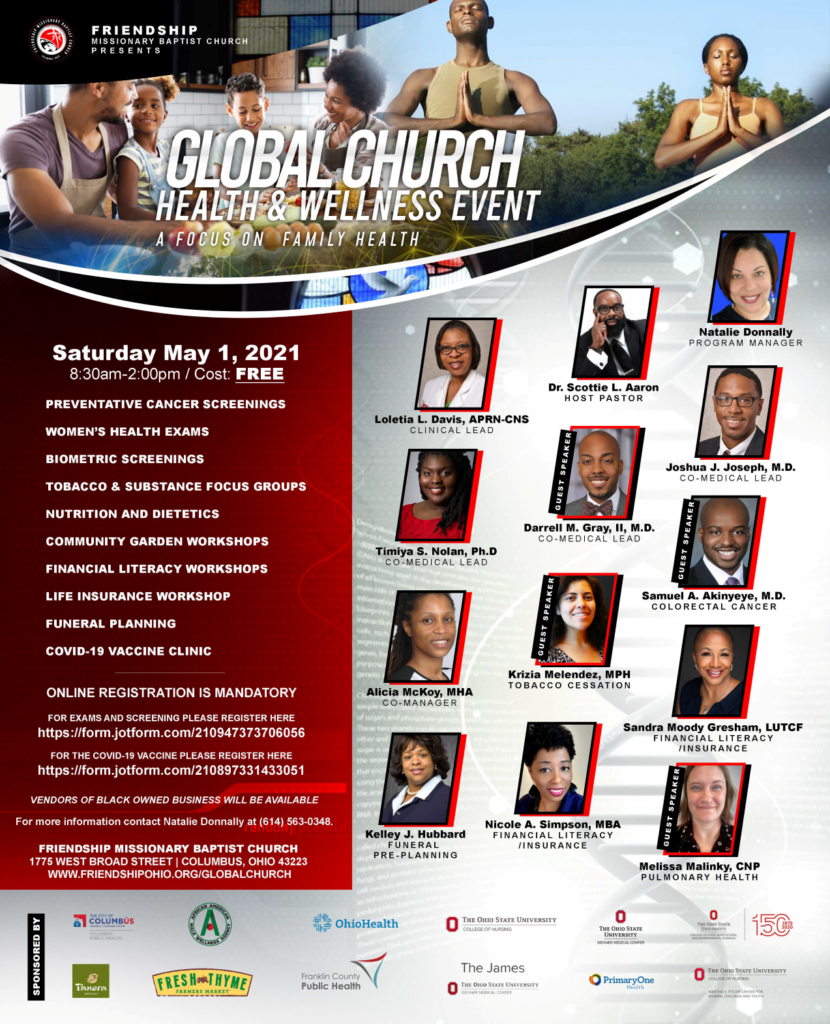 Global Church Health and Wellness Event, a focus on family health flyer on Saturday, May 1, 2021. Event will feature various speakers and workshops. Online registration is mandatory. 