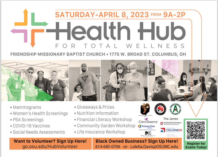 Flyer for an event titled Health Hub for Total Wellness occurring Saturday 8, 2023 from 9AM-2PM at Friendship Missionary Baptist Church located at 1775 W. Broad St. Columbus, OH